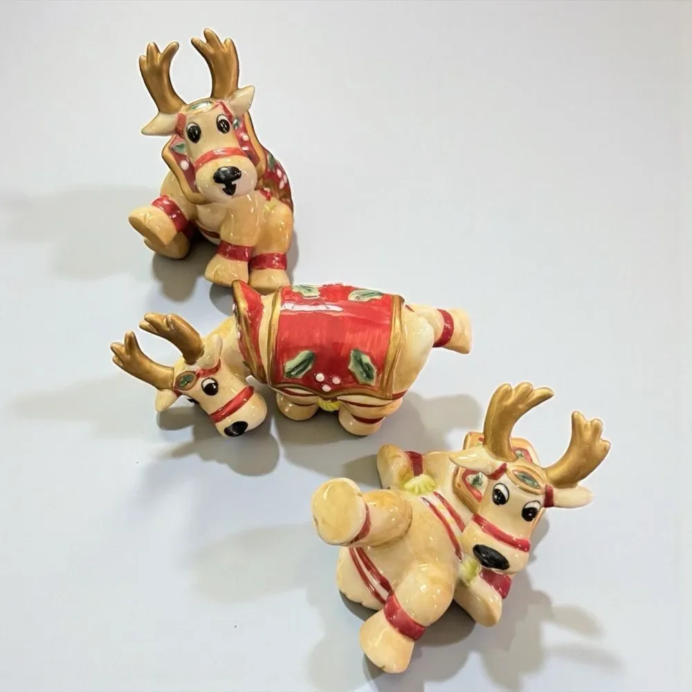 Fitz and Floyd Deer Santa Reindeer Tumbler Figurines Set of Three